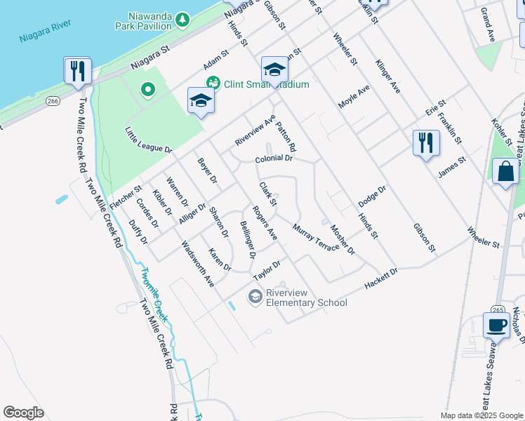 map of restaurants, bars, coffee shops, grocery stores, and more near 195 Rogers Avenue in Tonawanda