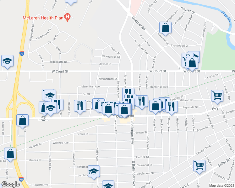map of restaurants, bars, coffee shops, grocery stores, and more near 3810 Orr St in Flint