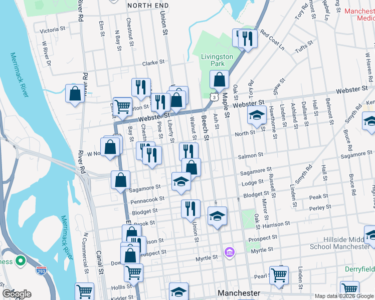 map of restaurants, bars, coffee shops, grocery stores, and more near 334 Walnut Street in Manchester