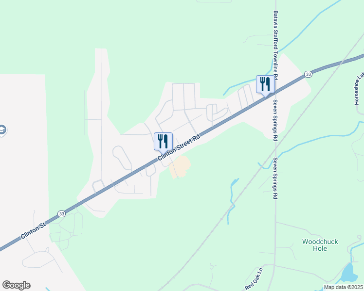 map of restaurants, bars, coffee shops, grocery stores, and more near 5153 Clinton Street Road in Batavia