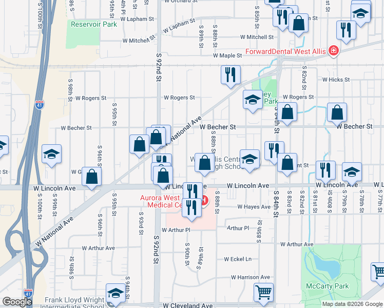 map of restaurants, bars, coffee shops, grocery stores, and more near 2146 South 90th Street in West Allis