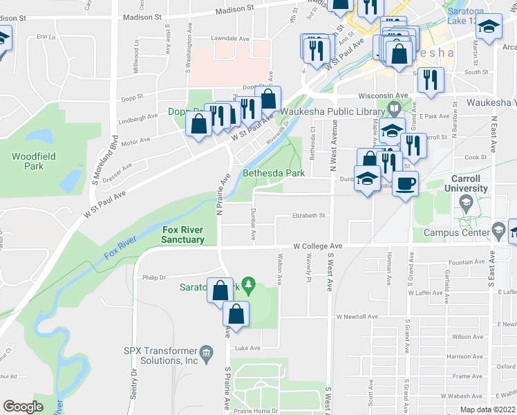 map of restaurants, bars, coffee shops, grocery stores, and more near 217 Dunbar Avenue in Waukesha