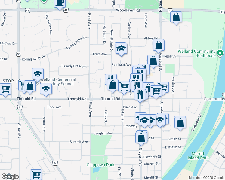 map of restaurants, bars, coffee shops, grocery stores, and more near 152 Thorold Road in Welland