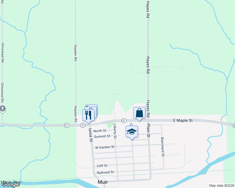 map of restaurants, bars, coffee shops, grocery stores, and more near 6829 Sydney Street in Muir