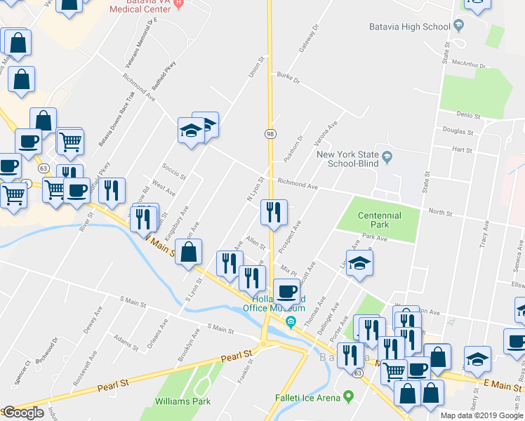 map of restaurants, bars, coffee shops, grocery stores, and more near 3 Charles Street in Batavia