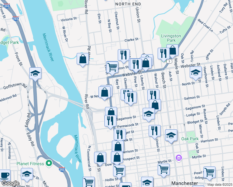 map of restaurants, bars, coffee shops, grocery stores, and more near 16 North Street in Manchester