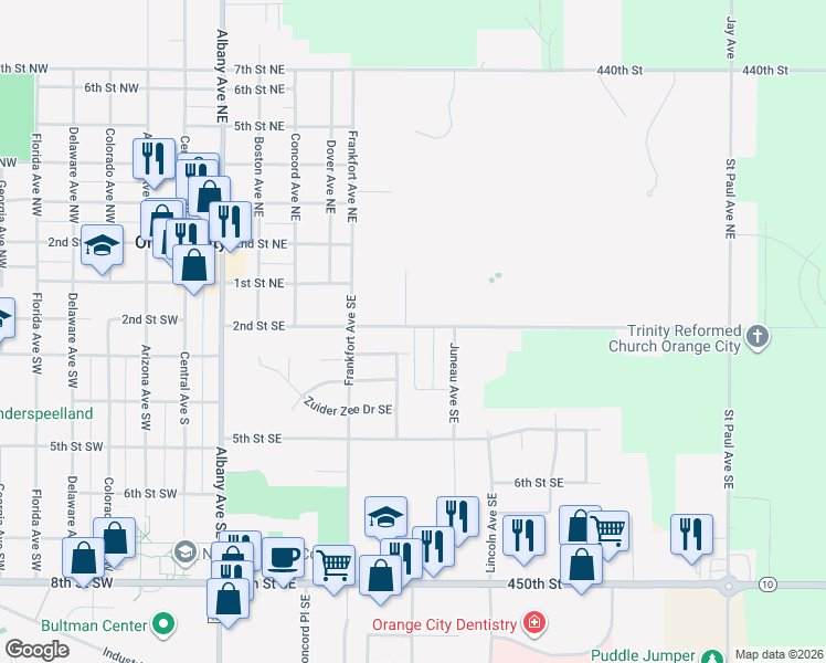 map of restaurants, bars, coffee shops, grocery stores, and more near 105-199 Jefferson Avenue Southeast in Orange City