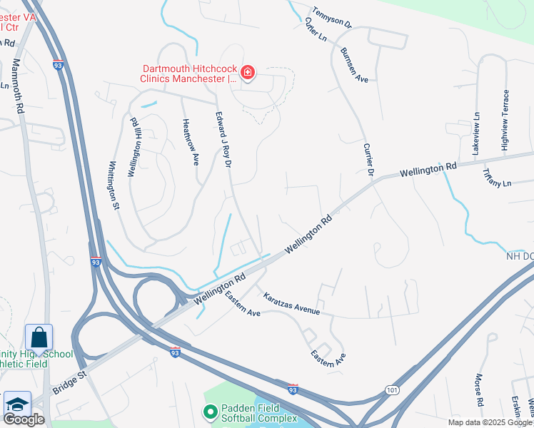map of restaurants, bars, coffee shops, grocery stores, and more near 50 Edward J Roy Drive in Manchester