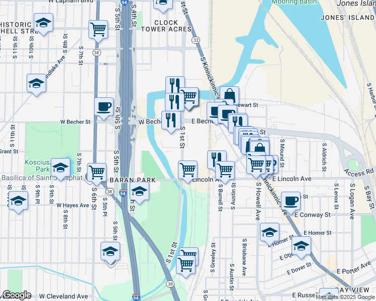 map of restaurants, bars, coffee shops, grocery stores, and more near 2252 S 1st St in Milwaukee
