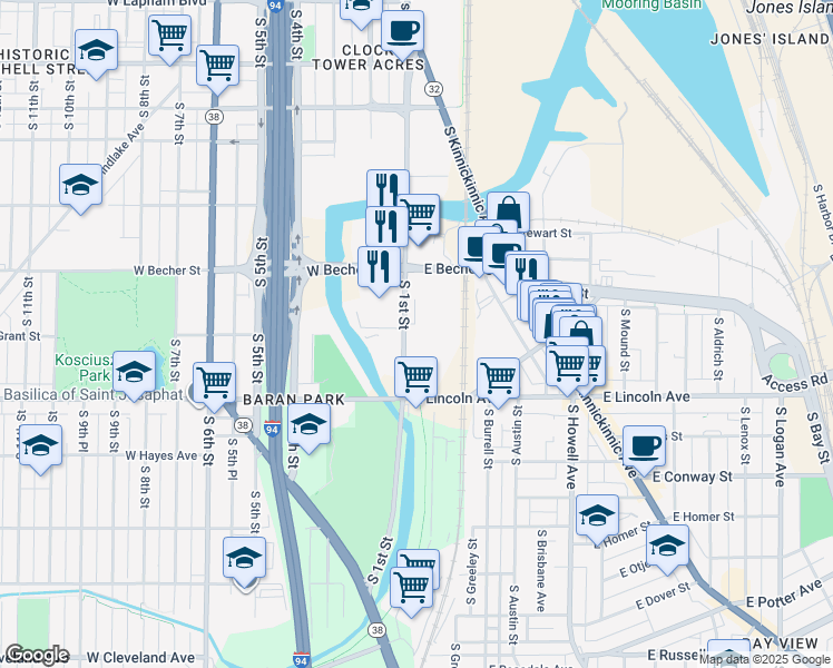 map of restaurants, bars, coffee shops, grocery stores, and more near 2252 South 1st Street in Milwaukee