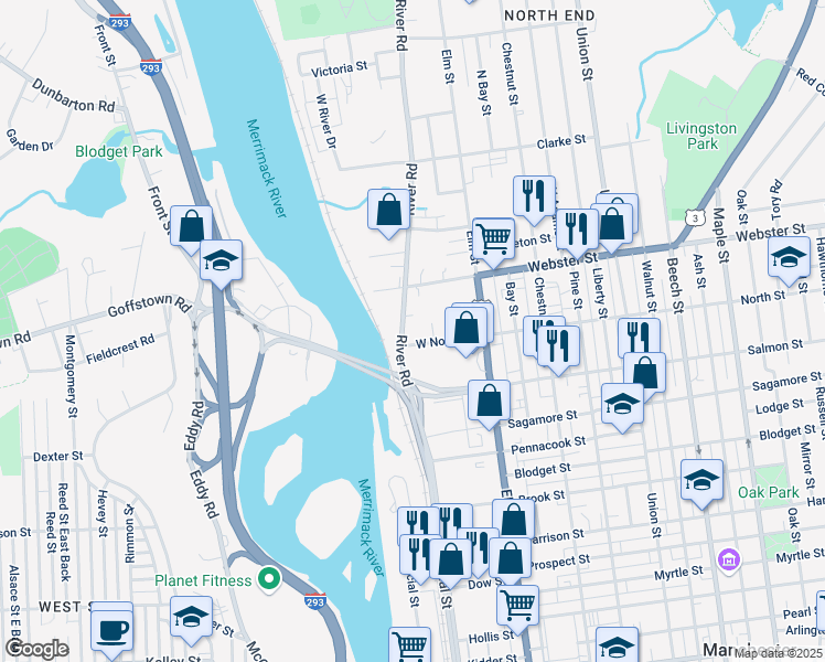 map of restaurants, bars, coffee shops, grocery stores, and more near 24 West North Court in Manchester