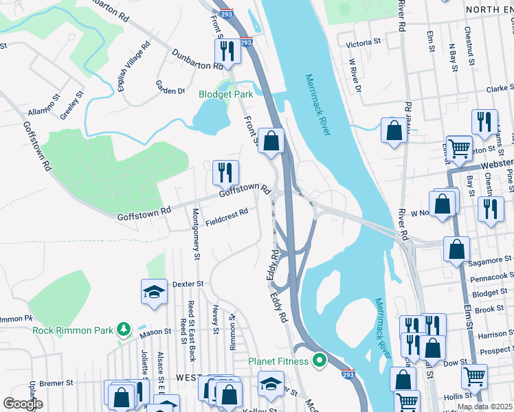 map of restaurants, bars, coffee shops, grocery stores, and more near 770 Coolidge Avenue in Manchester