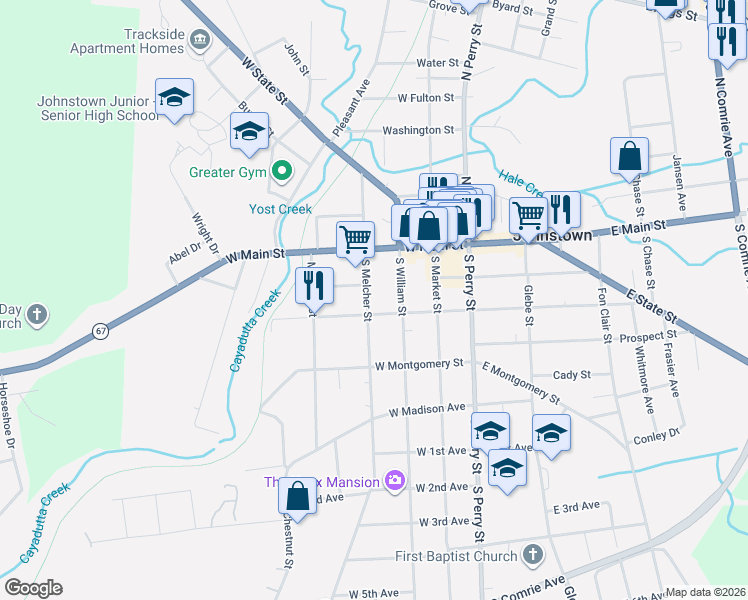 map of restaurants, bars, coffee shops, grocery stores, and more near 21 South Melcher Street in Johnstown