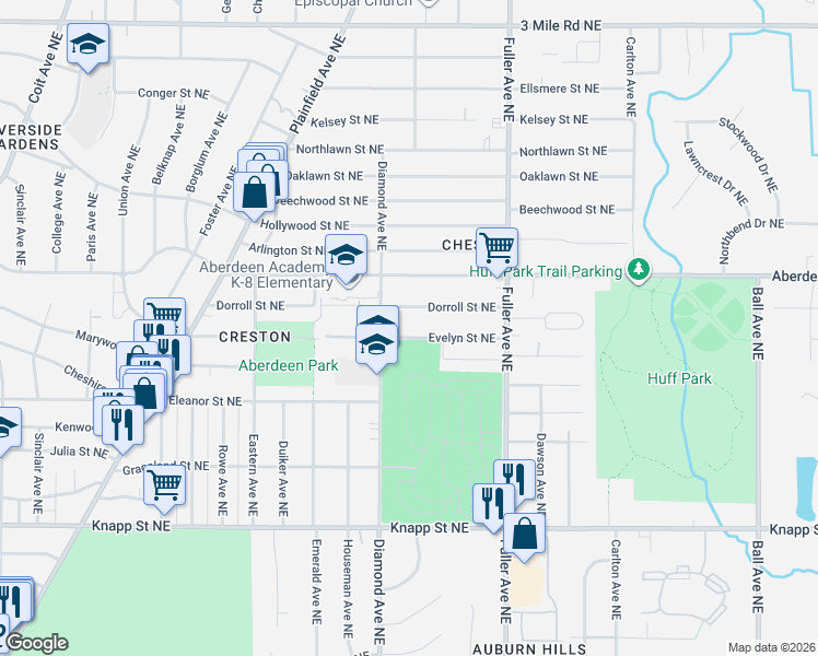 map of restaurants, bars, coffee shops, grocery stores, and more near 1016 Dorroll Street Northeast in Grand Rapids