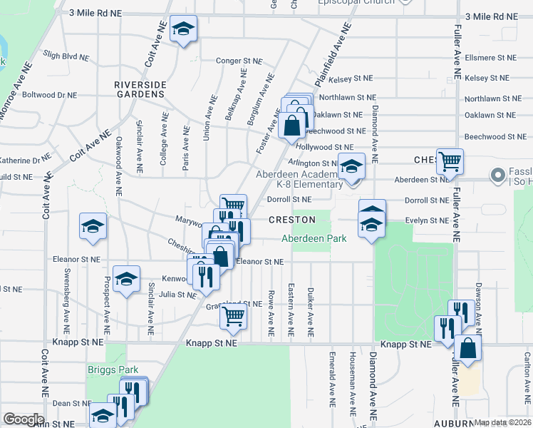 map of restaurants, bars, coffee shops, grocery stores, and more near 2314 Plainfield Avenue Northeast in Grand Rapids