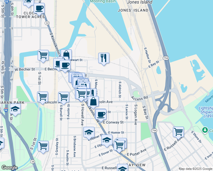 map of restaurants, bars, coffee shops, grocery stores, and more near 2124 South Winchester Street in Milwaukee