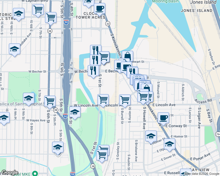 map of restaurants, bars, coffee shops, grocery stores, and more near 2252 S 1st St in Milwaukee