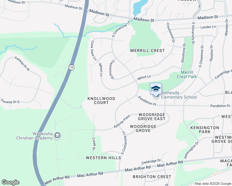 map of restaurants, bars, coffee shops, grocery stores, and more near 2936 Minot Lane in Waukesha