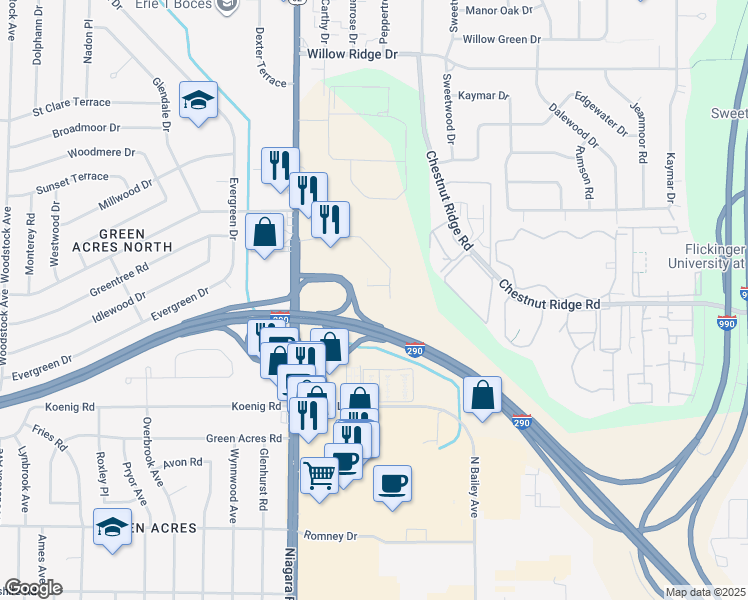 map of restaurants, bars, coffee shops, grocery stores, and more near 125 Inn Keepers Lane in Buffalo