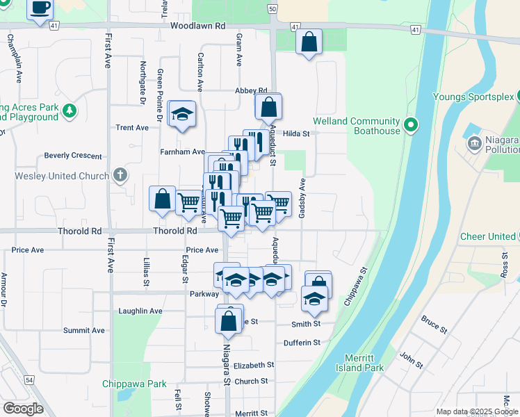 map of restaurants, bars, coffee shops, grocery stores, and more near 20 Patricia Avenue in Welland