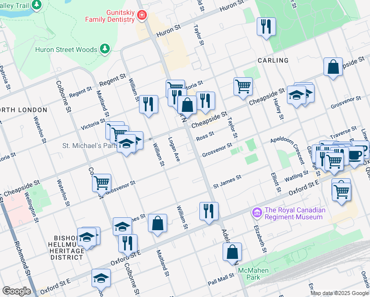 map of restaurants, bars, coffee shops, grocery stores, and more near 585 Ross Street in London