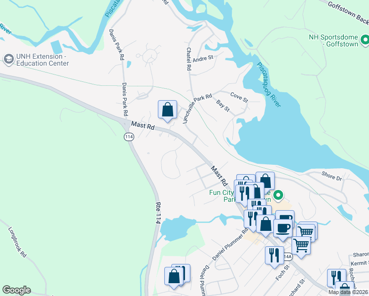 map of restaurants, bars, coffee shops, grocery stores, and more near 483 Mast Road in Goffstown