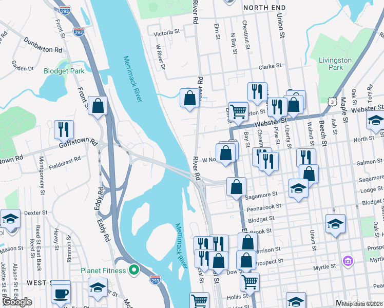 map of restaurants, bars, coffee shops, grocery stores, and more near 144 West Webster Street in Manchester