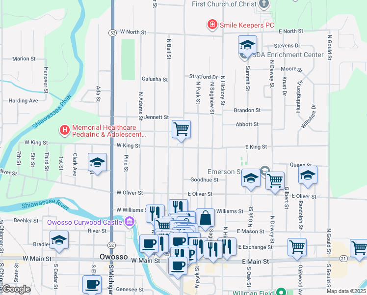 map of restaurants, bars, coffee shops, grocery stores, and more near 701 N Washington St in Owosso