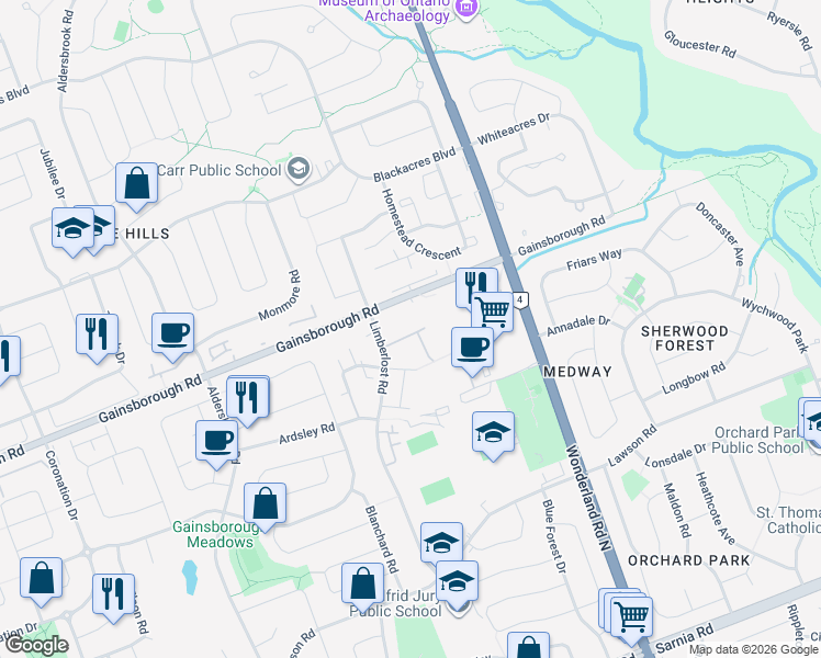 map of restaurants, bars, coffee shops, grocery stores, and more near 1460 Limberlost Road in London