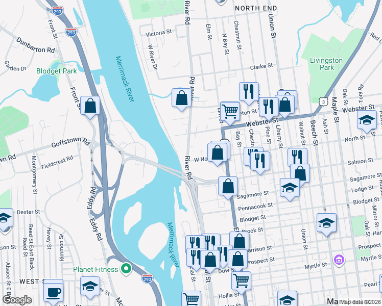 map of restaurants, bars, coffee shops, grocery stores, and more near 24 West North Court in Manchester