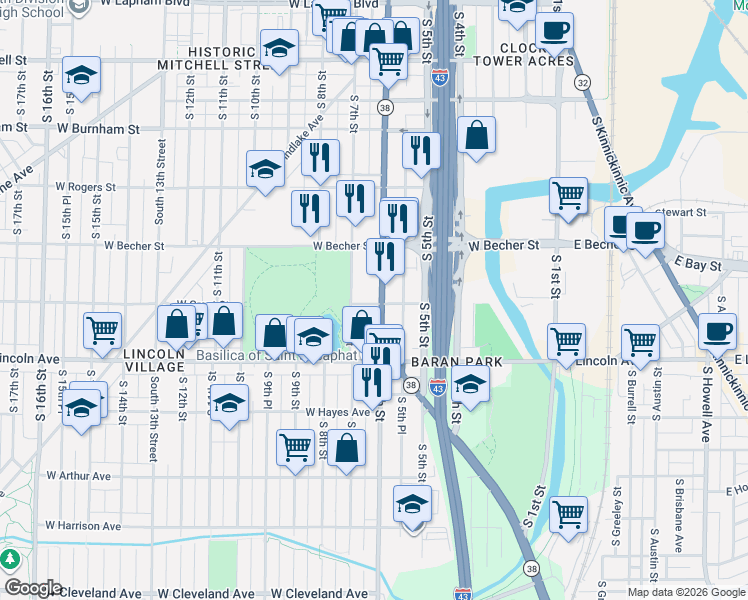 map of restaurants, bars, coffee shops, grocery stores, and more near 2166 South 7th Street in Milwaukee