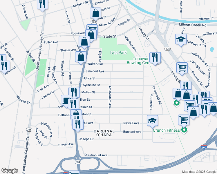 map of restaurants, bars, coffee shops, grocery stores, and more near 92 Syracuse Street in Tonawanda