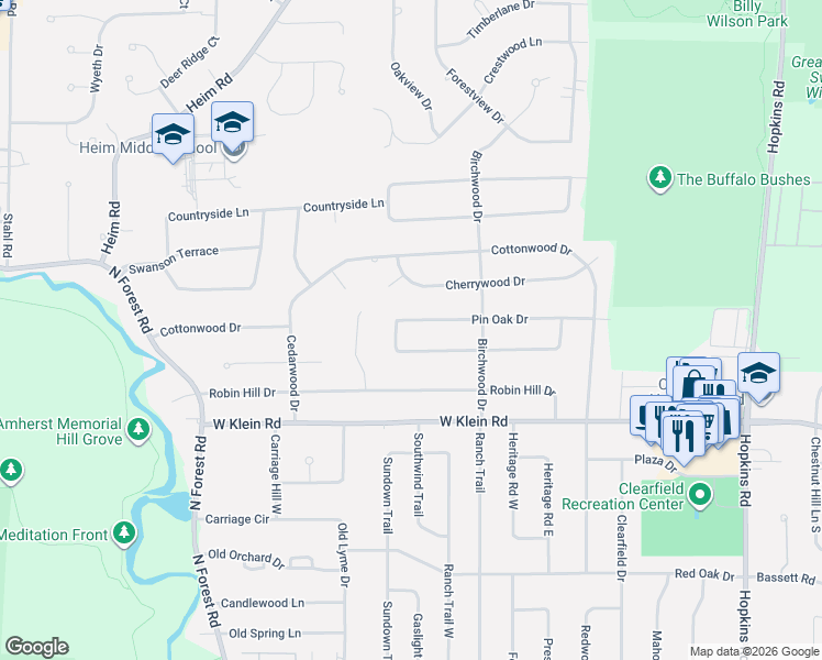 map of restaurants, bars, coffee shops, grocery stores, and more near 159 Pin Oak Drive in Buffalo
