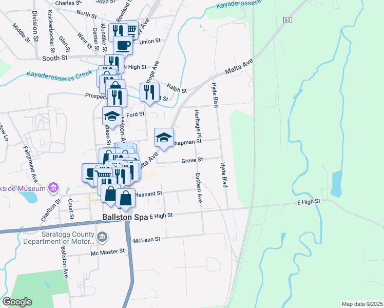 map of restaurants, bars, coffee shops, grocery stores, and more near 20 Eastern Avenue in Ballston Spa