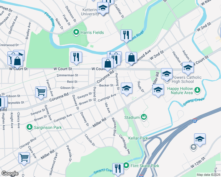 map of restaurants, bars, coffee shops, grocery stores, and more near 1941 Becker Street in Flint