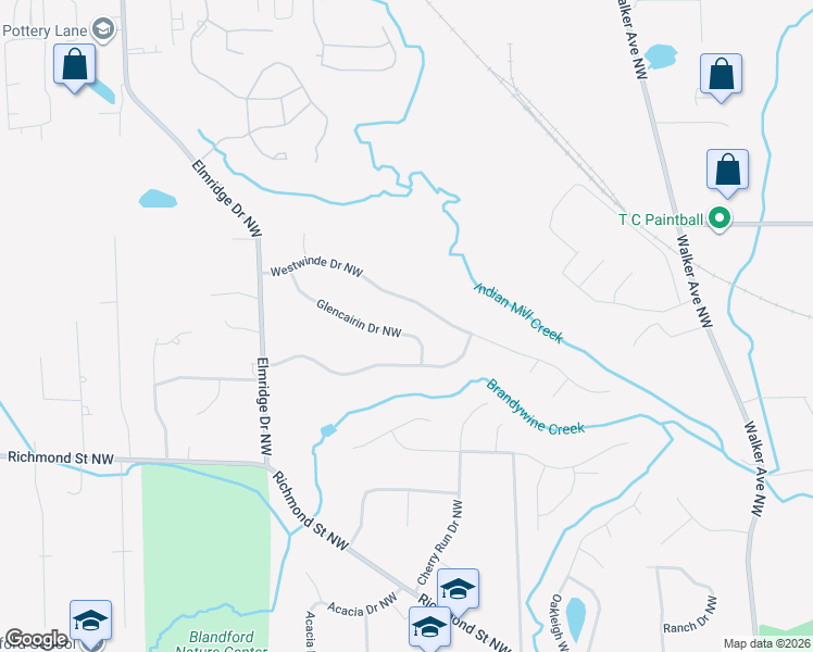 map of restaurants, bars, coffee shops, grocery stores, and more near 2601 Glencairin Drive Northwest in Grand Rapids