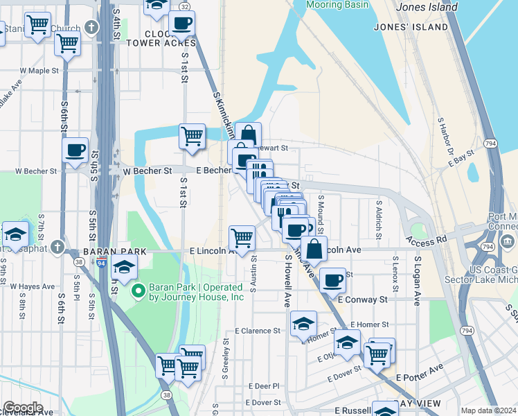 map of restaurants, bars, coffee shops, grocery stores, and more near 2173 South Kinnickinnic Avenue in Milwaukee