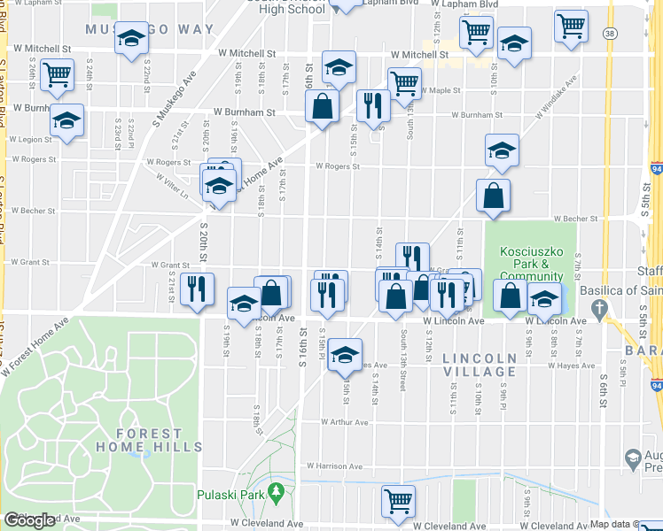 map of restaurants, bars, coffee shops, grocery stores, and more near 2167 South 15th Street in Milwaukee