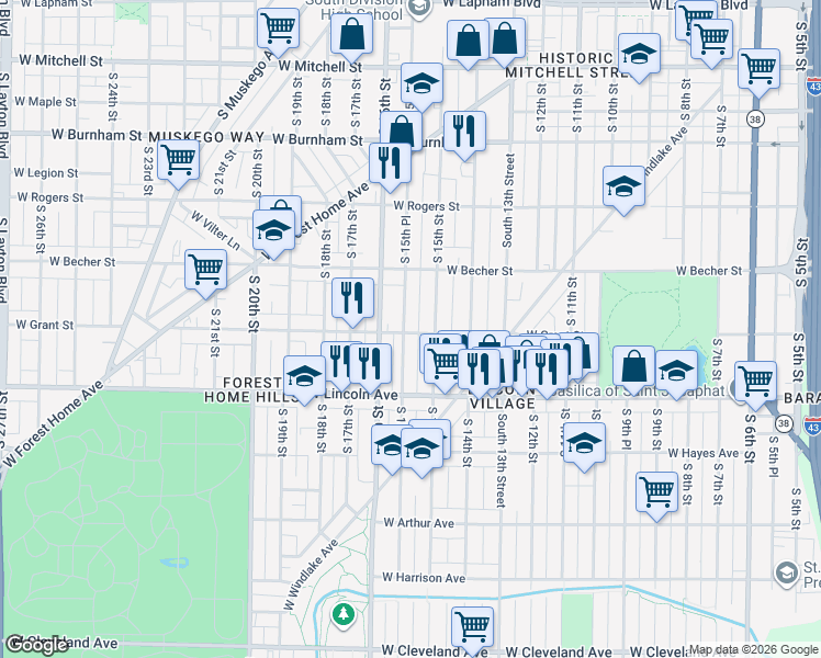 map of restaurants, bars, coffee shops, grocery stores, and more near 2167 South 15th Street in Milwaukee