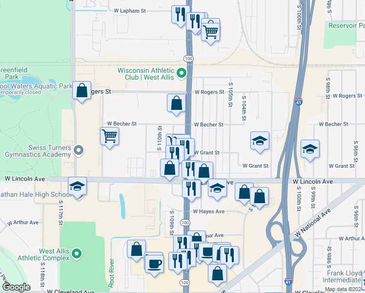 map of restaurants, bars, coffee shops, grocery stores, and more near 2149 South 108th Street in West Allis