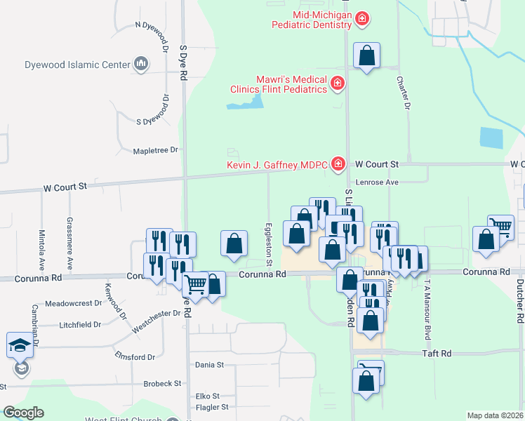 map of restaurants, bars, coffee shops, grocery stores, and more near 1420 Eggleston Street in Flint