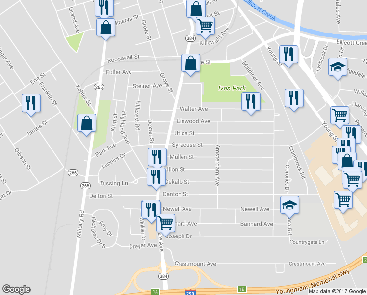 map of restaurants, bars, coffee shops, grocery stores, and more near 34 Syracuse Street in Tonawanda