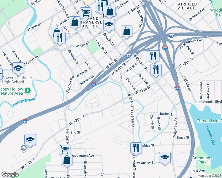 map of restaurants, bars, coffee shops, grocery stores, and more near 1435 Tacoma Street in Flint