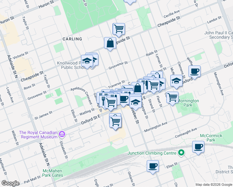 map of restaurants, bars, coffee shops, grocery stores, and more near in London