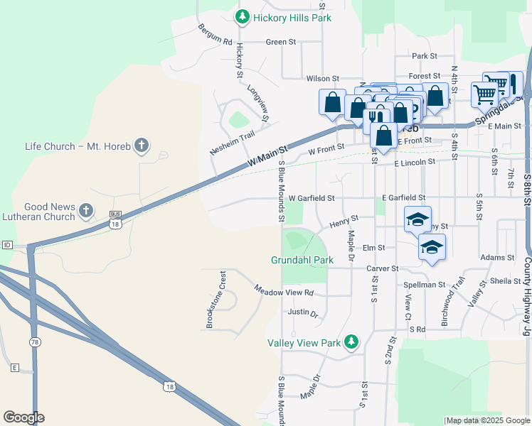 map of restaurants, bars, coffee shops, grocery stores, and more near 421 West Garfield Street in Mount Horeb