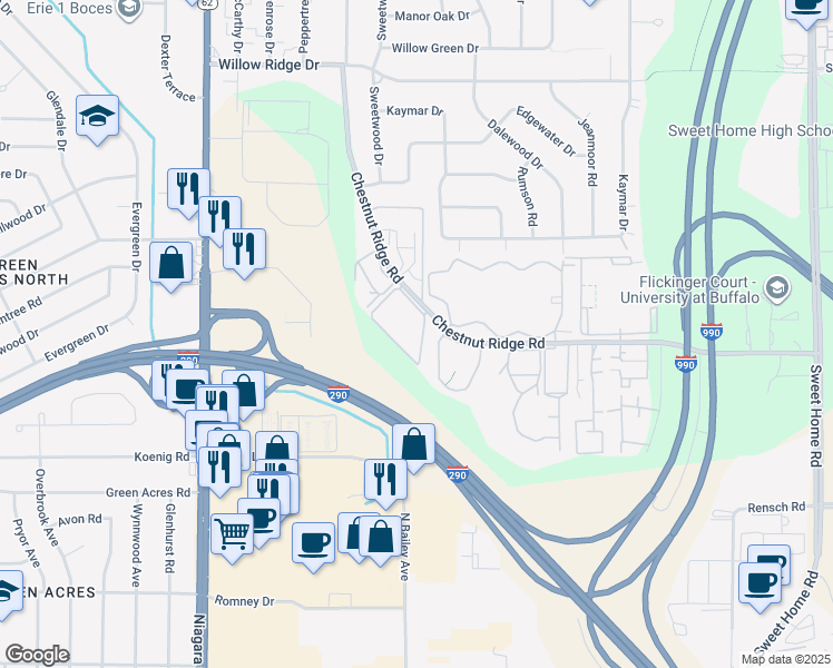 map of restaurants, bars, coffee shops, grocery stores, and more near 4357 Chestnut Ridge Road in Buffalo