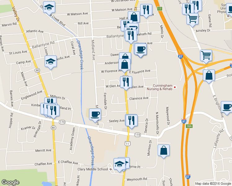 map of restaurants, bars, coffee shops, grocery stores, and more near 118 Crippen Place in Syracuse