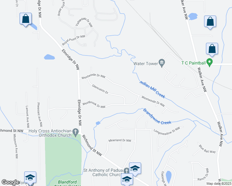 map of restaurants, bars, coffee shops, grocery stores, and more near 2601 Glencairin Drive Northwest in Grand Rapids