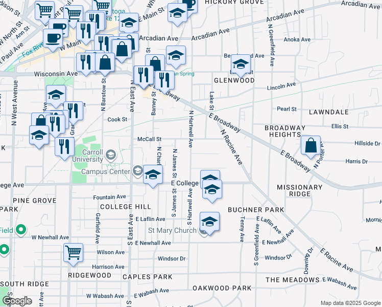 map of restaurants, bars, coffee shops, grocery stores, and more near 285 Grove Street in Waukesha