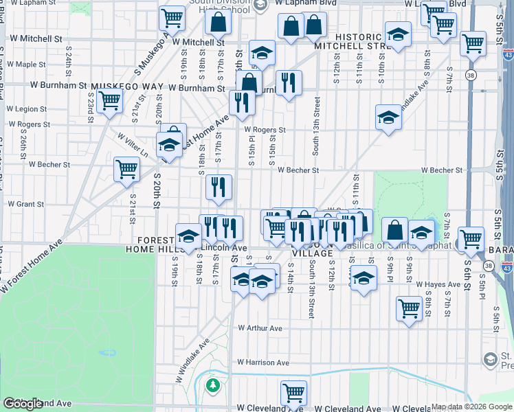 map of restaurants, bars, coffee shops, grocery stores, and more near 1522 West Grant Street in Milwaukee